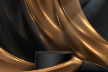 Wall Mural - Black podium with golden textile background