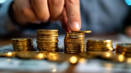 Canvas Print - A person is placing a coin on top of some gold coins, AI