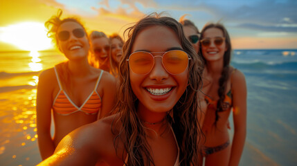 Group of teenage young people having fun in the sea at sunset on spring break