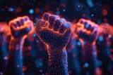 Fototapeta Panele - Red digital fists raised high, symbolizing digital activism and empowerment