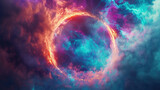 Fototapeta Kosmos - A stunning cosmic nebula shaped like a circle, radiating with intense colors and energy in a deep space background.