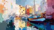 A painting depicting boats docked in a serene harbor. Perfect for capturing the tranquility of a waterfront scene.