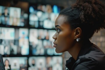 Canvas Print - A woman sitting in front of a laptop computer. Suitable for business, technology, and remote work concepts