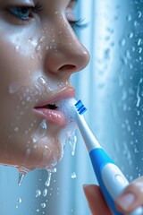 Sticker - A woman is seen brushing her teeth with a toothbrush. This image can be used to promote dental hygiene and oral care products