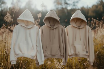 Three hoodies hanging on a clothes line in a field. This image can be used to depict outdoor activities, clothing, or a casual lifestyle