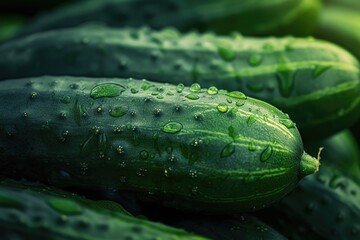 Wall Mural - A collection of juicy cucumbers glistening with water droplets. Ideal for promoting healthy eating or showcasing the freshness of organic produce