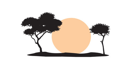 Wall Mural - savannah trees and orange sunset vector silhouette