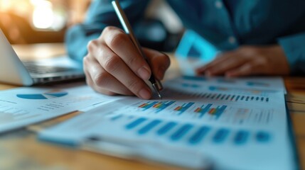 Poster - A person sitting at a table with papers and a laptop. This image can be used to depict someone working, studying, or doing research