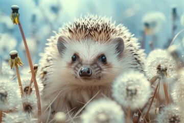 Sticker - A small hedge sitting in a field of dandelions. Perfect for nature-themed designs and illustrations