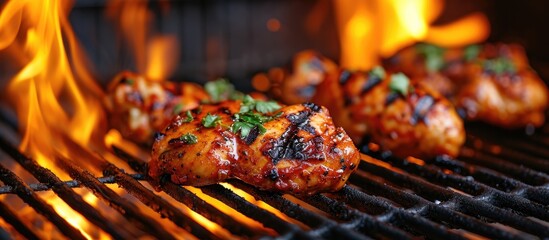 Canvas Print - Grilled chicken with fiery flames.