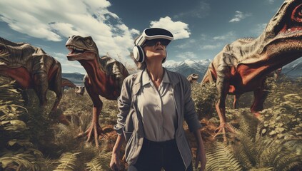 Wall Mural - Immerse yourself in a virtual adventure as someone dons a headset, experiencing the presence of real dinosaurs.