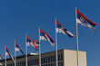 Palace of Serbia, Novi Beograd district. A lot of Flags of Serbia waiving in front of Palata Srbija. Office of various state administrations in Belgrade.
