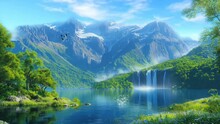 Beautiful Lake Scenery With Falling Water And Stunning Mountain. Seamless Looping 4k Time-lapse Virtual Video Animation Background