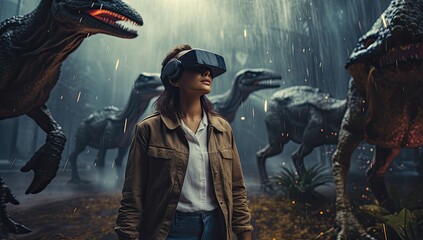 Wall Mural - Explore the awe-inspiring world of dinosaurs through virtual reality, where the wearer's headset transports them into a realm where these ancient creatures come to life.