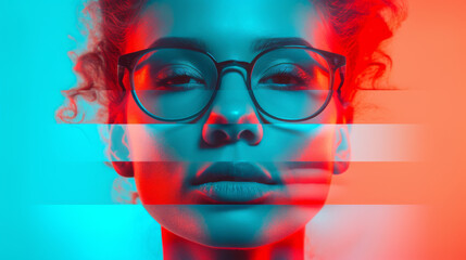 Poster - close-up of a woman's face with striking blue and red lighting