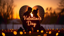 A Charming Image Of A Couple's Silhouette Inside A Heart Shape With The Words "Happy Valentine's Day" Written In The Background On A Sunset Backdrop.