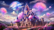 A Pink Castle With Pink Flowers And Fireworks