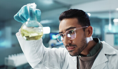 Aufkleber - Man, scientist and shake beaker with chemical for research, experiment or test in lab. Science, serious or medical professional with glass for development of cure, biotechnology or study healthcare