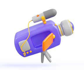 3d render icon of video camera with microphone and screen. Digital movie camera, equipment for television and film production. Camcorder isolated on white background, Cartoon design. 3D illustration