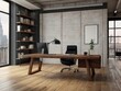 © Samra - Upscale CEO office interior with white walls, a wooden floor, loft windows and a bookcase next to a massive table. A horizontal poster. 3d rendering mock up