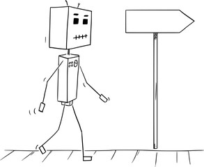 Canvas Print - Walking Robot and Empty Arrow , Vector Cartoon Stick Figure Illustration