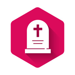 Sticker - White Tombstone with cross icon isolated with long shadow background. Grave icon. Happy Halloween party. Pink hexagon button. Vector