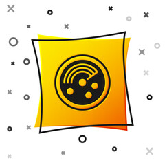 Poster - Black Radar with targets on monitor in searching icon isolated on white background. Search system. Navy sonar. Yellow square button. Vector