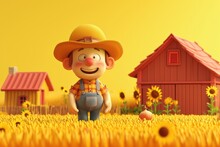 Cheerful Animated Farmer Character In A Vibrant Yellow Sunflower Field With A Red Barn In The Background.