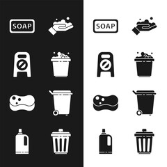 Sticker - Set Bucket with soap suds, Wet floor and cleaning in progress, Bar of, Washing hands, Sponge, Trash can, and Fabric softener icon. Vector