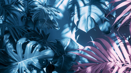 Poster - A monochromatic image of tropical leaves in various shades of baby blue and pink with soft shadows on a matching background flat lay
