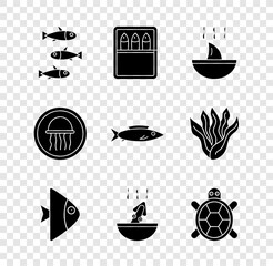 Poster - Set Fishes, Canned fish, Shark fin soup, Soup with octopus, Turtle, Jellyfish on plate and icon. Vector