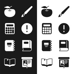 Poster - Set Speech bubble and Exclamation, Calculator, Apple, Paint brush, Notebook, Book, Projection screen and Open icon. Vector