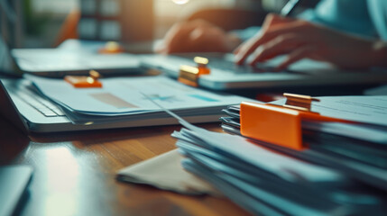 Poster - The image captures a desk with documents, graphs, and a laptop indicating a professional working environment, focusing on paperwork analysis and business planning.