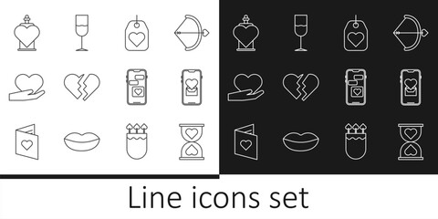 Sticker - Set line Heart in the center hourglass, Mobile with heart, tag, Broken, hand, Bottle love potion, and Wine icon. Vector