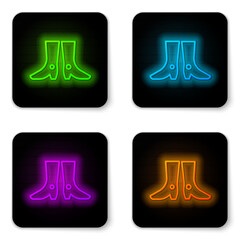 Canvas Print - Glowing neon line Ukrainian national footwear icon isolated on white background. Traditional ethnic boots. Black square button. Vector