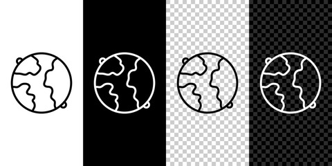 Set line Worldwide icon isolated on black and white, transparent background. Pin on globe. Vector