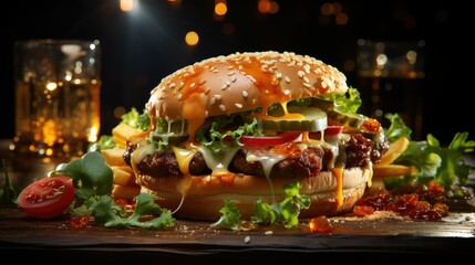 Wall Mural - Classic deluxe cheeseburger with lettuce, onions, tomato and pickles on a sesame seed bun.