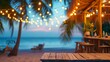 Blurred beach bar top background at sunset. Chairs, palm trees, warm string lights, with ocean waves and a colorful sky.