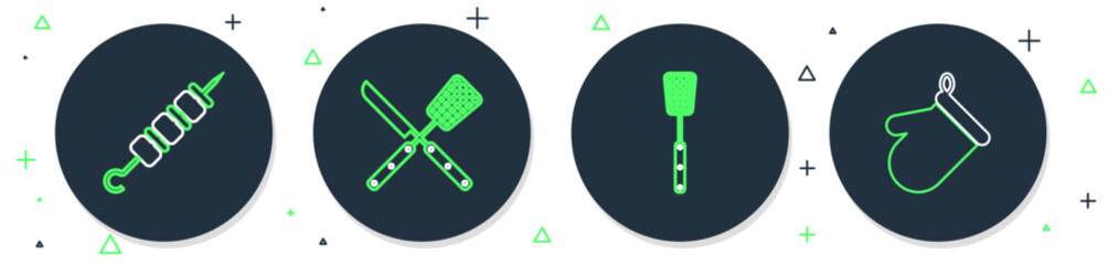 Poster - Set line Crossed knife and spatula, Barbecue, Grilled shish kebab and Oven glove icon. Vector