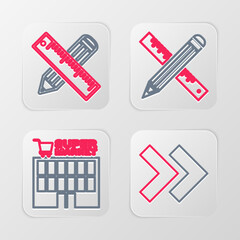 Sticker - Set line Arrow, Supermarket building, Crossed ruler and pencil and icon. Vector