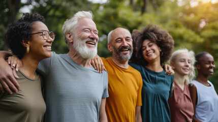 Sticker - diverse group of people, including two older men and three younger women, are laughing and embracing each other