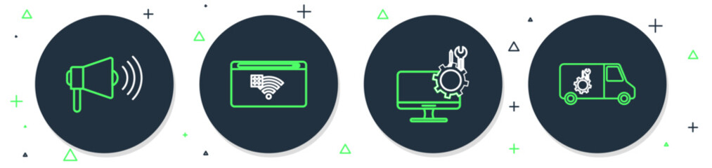 Poster - Set line No Internet connection, Computer monitor service, Megaphone and Car icon. Vector