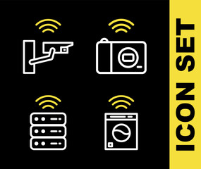 Canvas Print - Set line Smart photo camera, washer, server and security icon. Vector