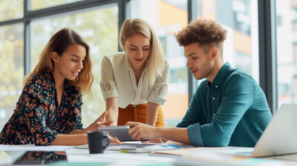 Wall Mural - professionals are engaged in a discussion over a tablet and documents at a modern office table.