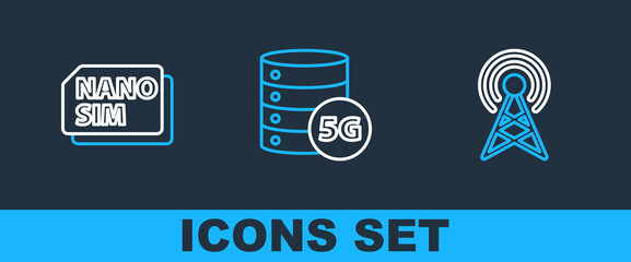 Sticker - Set line Antenna, Nano Sim Card and Server 5G network icon. Vector