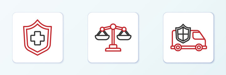 Poster - Set line Car with shield, Health insurance and Scales of justice icon. Vector