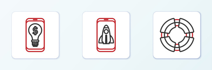 Sticker - Set line Business lifebuoy, Light bulb with dollar on mobile and Startup project concept icon. Vector