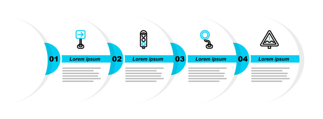 Poster - Set line Uneven road ahead sign, Road traffic, Traffic light and turn right icon. Vector