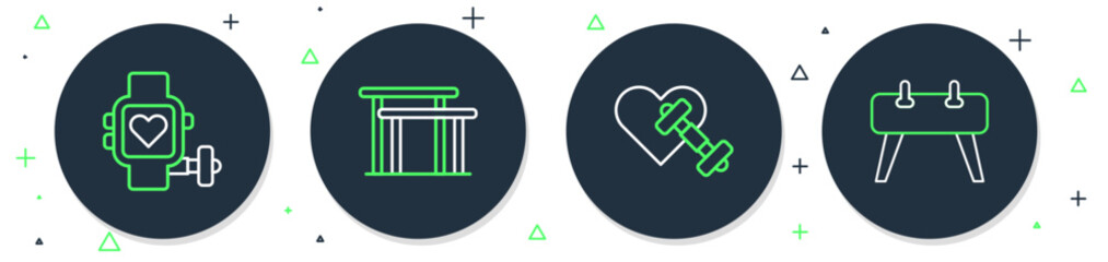 Poster - Set line Uneven bars, Dumbbell with heart, Smart watch and Pommel horse icon. Vector