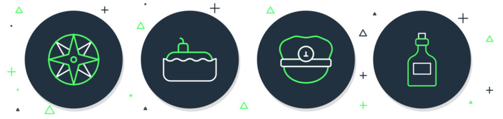 Poster - Set line Submarine, Captain hat, Wind rose and Rum bottle icon. Vector